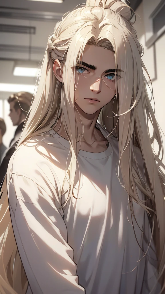a handsome guy about 20 years old, long hair, ombre hair, light ends of the hair, hair on top of the head in a bun, white shirt, wide dark eyebrows, light eyes, pale skin, skinny body,cute face without emotions