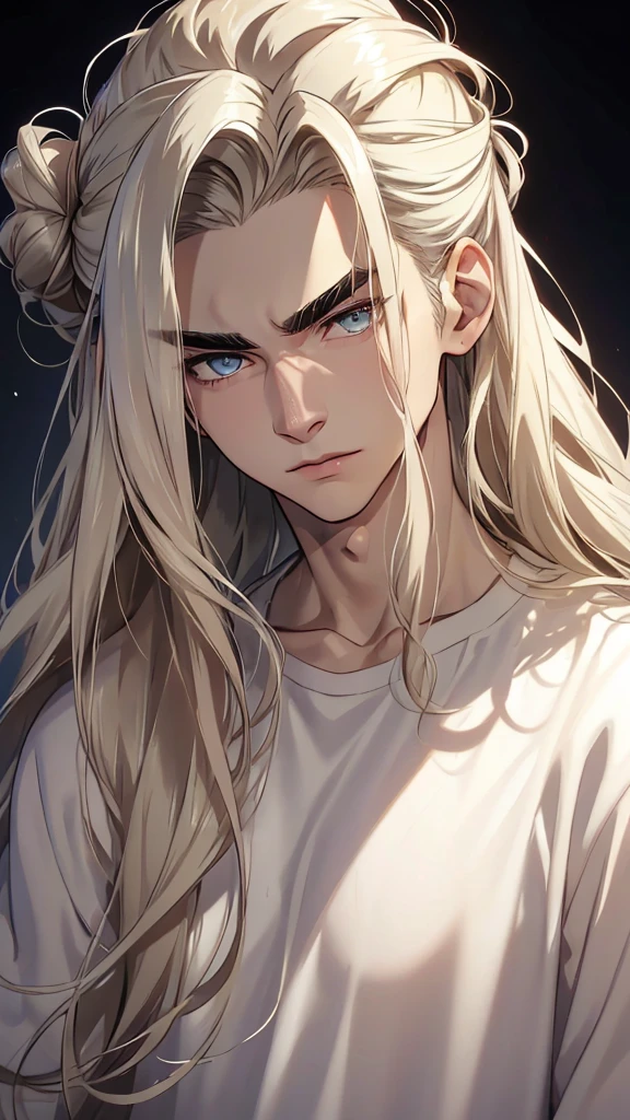 a handsome guy about 20 years old, long hair, ombre hair, light ends of the hair, hair on top of the head in a bun, white shirt, wide dark eyebrows, light eyes, pale skin, skinny body,cute face without emotions