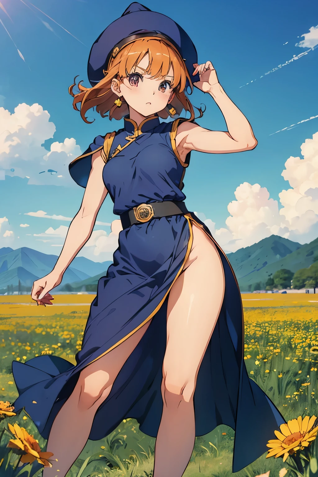 1 girl、High resolution、masterpiece、(alena-dq4、DQ4-ALENA、Orange straight hair)、Short stature、Thin thighs、Thin legs、Small shoulders、slender、Muscular、(Navy blue hat、Wide open Chinese dress、Slit Skirt、Wide open slit、No underwear、Underarm、The flanks are visible、The side is visible、Sideboob)、Night Grassland