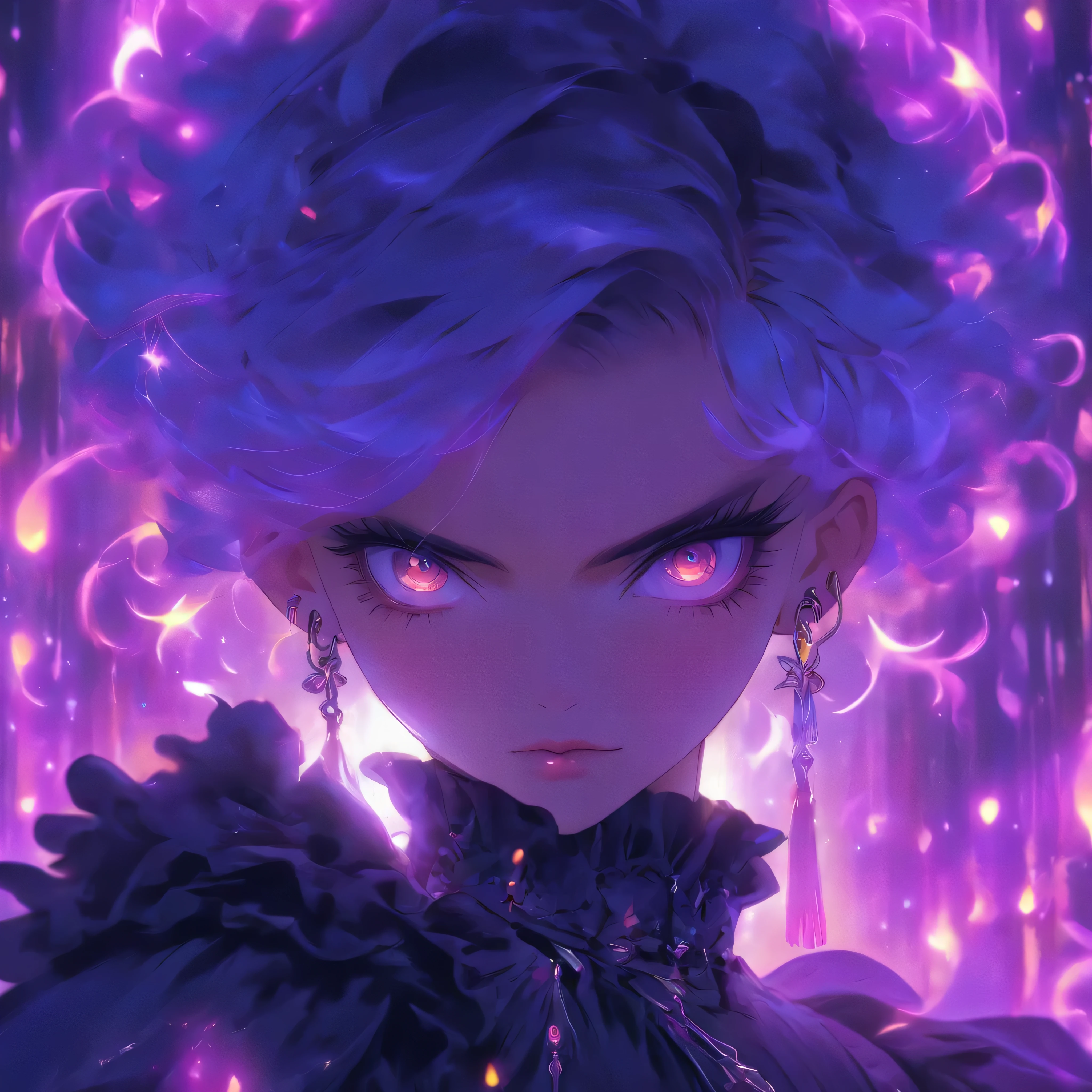 androgynous male Gothic lolita with purple shaved head, casting glowing soul spells while wearing lolita dress