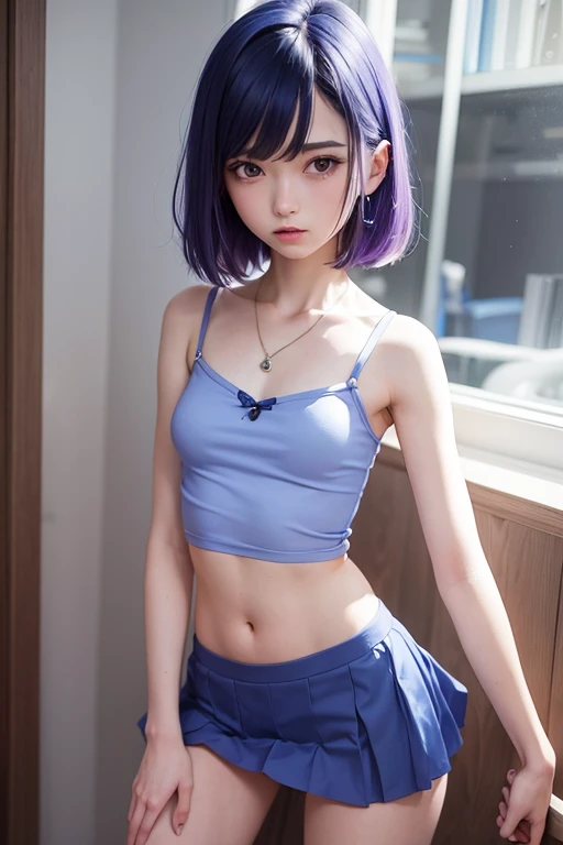 very skinny femboy with blue-violet hair, naked, bare breast, panties, extremely beautiful, scared, parted lips