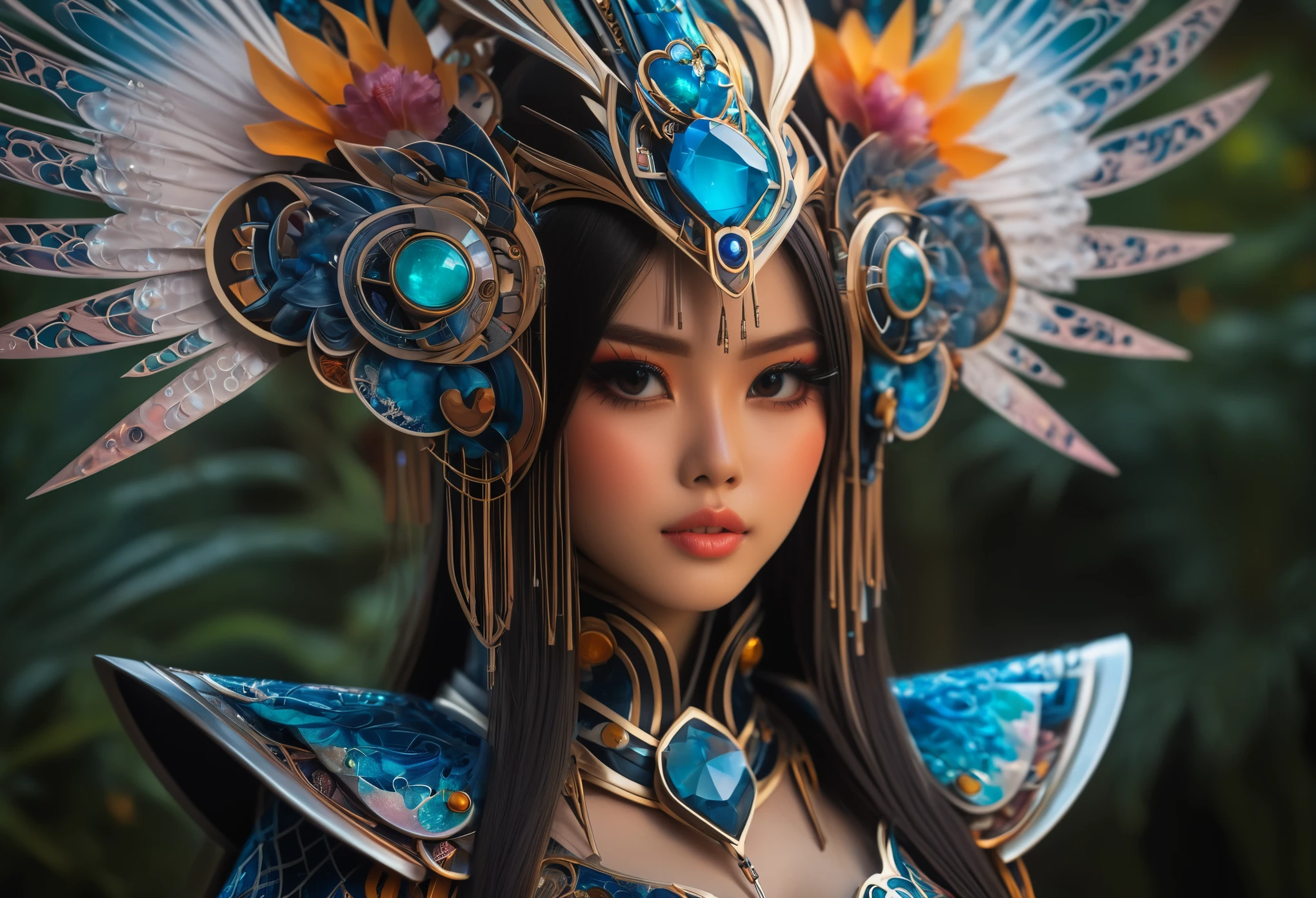 Stunning hyper-realistic Japanese girl, by Ash Thorp and Marta Nael, anime, manga, character, upper body only, wearing elaborate fantasy clothes inspired by Indonesian culture, futuristic and modern twist, vibrant colors, soft focus, warm lighting, Sony A7R IV, ƒ 1.8, 50 mm, 8k, high-quality print, delicate features, intricate details, dynamic pose, fusion of traditional and futuristic elements, ornate accessories, exotic patterns, Batik-inspired design, traditional Indonesian headdress, intricate jewelry.