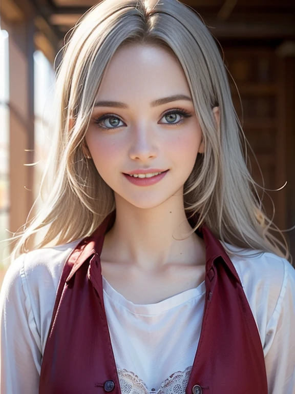 (best quality, 8k, photorealistic:1.5), (solo, one girl:1.5),(shine a bright light on women),(ultimate beautiful girl),(shiny skin),(oily skin),(Silver Ash Hair:1.3),(long hair:1.3),(cool beauty:1.5),(Blush brown makeup),(use pink glossy lipstick),(big beady eyes girl:1.5),(droopy eyes girl:1.5),(Big Eyes),(healthy body),(sweet smelling girl),(virgin girl),chuuChloe,(impressive eyes),(clean girl),(cute),(relaxing time),(compassion),(impurity),(love filled),(No love experience),(ager:1.2),(Lovely),(university student:1.5),(smile:1.5),(gentleness),(Sociable)