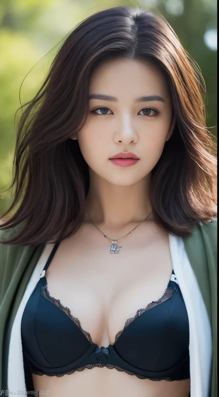((Best quality, 8K, Masterpiece :1.3)), Sharp focus :1.2, perfect figure beautiful woman:1.4, Slim abs:1.2, ((Layered Hair Style, large tit:1.2)), (jacket and bra , bra strap), (parks:1.2), Highly detailed facial and skin texture, A detailed eye, double eyelid, necklace, fullbody, mid-shot
