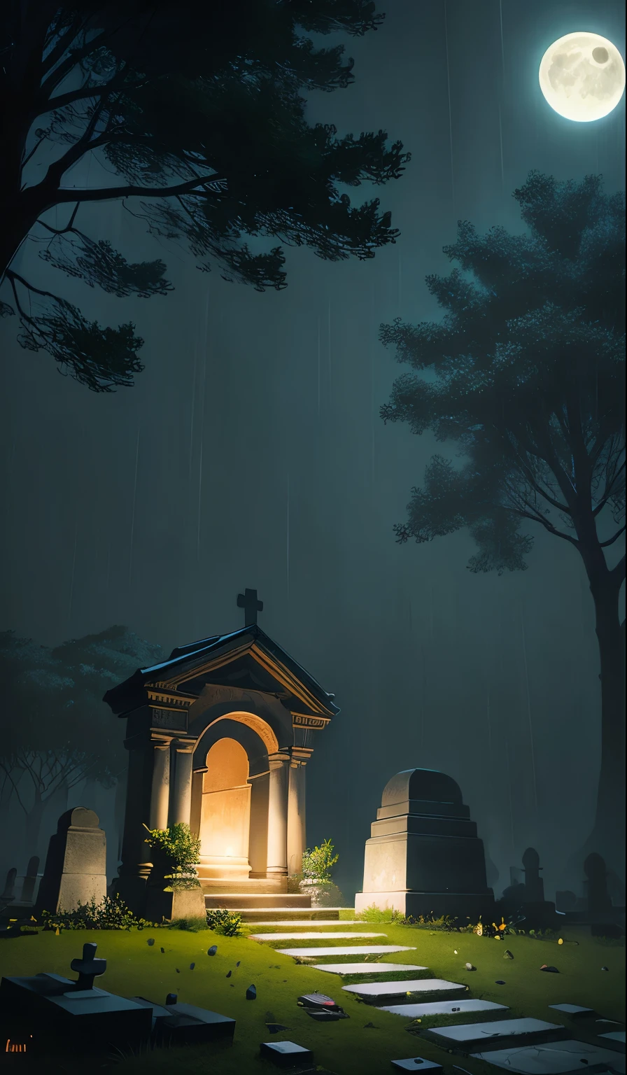 ((masterpiece)),((best quality)),((high detial)),((realistic,)), illustration of grave in night with moon light, tree and rain