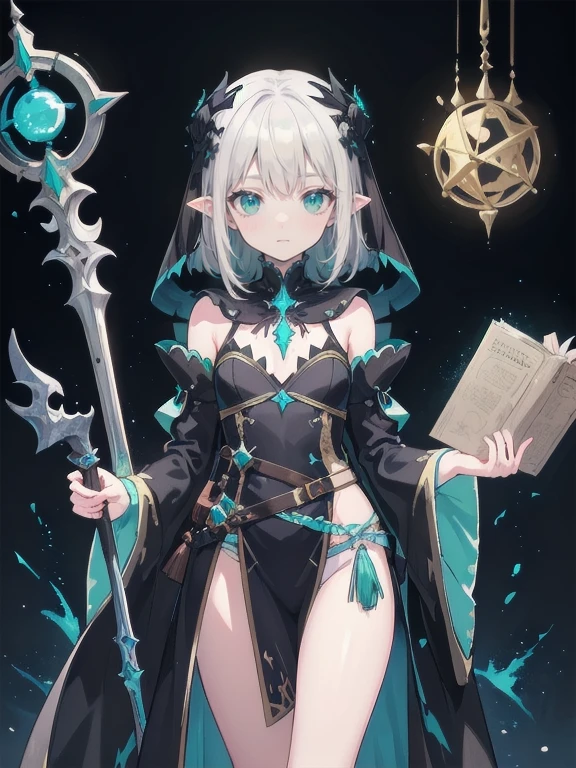 masterpiece, best quality, detailed eyes, black background, 
1 anime girl, (cowboy_shot view), thighs, 
white hair, aqua eyes, 
body, very small frame, small breasts, 
shiny skin, oily skin, reflective skin, 
[standing straight], 
(necromancer attire:1.4), (high fantasy theme:1.2), (jrpg:1.5), RPG, 
(breast curtains), harem veils, see-throught veils, harem dancer attire, black clothes, [black veils], puffy clothes, puffy clothes, dark robe, detached sleeves, puffy sleeves, see-through, extreme lowleg, bottomless strap, (very tiny loincloth), gown,
ass visible through thighs, underbelly evidence,  
dark energy, 