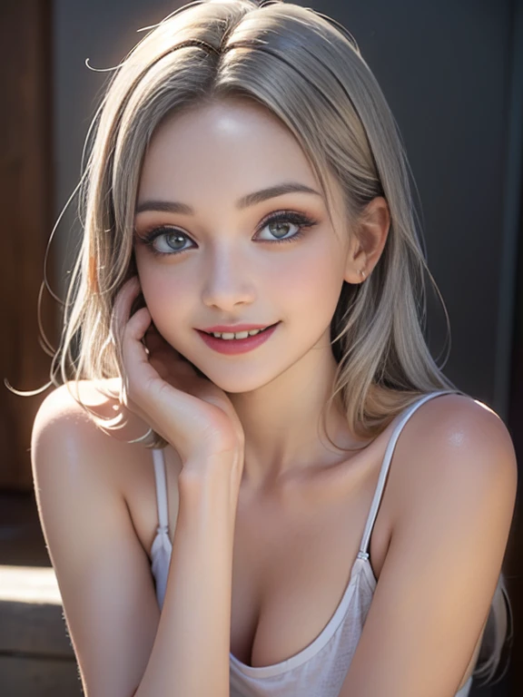 (best quality, 8k, photorealistic:1.5), (solo, one girl:1.5),(shine a bright light on women),(ultimate beautiful girl),(shiny skin),(oily skin),(Silver Ash Hair:1.3),(long hair:1.3),(cool beauty:1.5),(Blush brown makeup),(use pink glossy lipstick),(big beady eyes girl:1.5),(droopy eyes girl:1.5),(Big Eyes),(healthy body),(sweet smelling girl),(virgin girl),chuuChloe,(impressive eyes),(clean girl),(cute),(relaxing time),(compassion),(impurity),(love filled),(No love experience),(ager:1.2),(Lovely),(university student:1.5),(smile:1.5),(gentleness),(Sociable),(good at looking after)