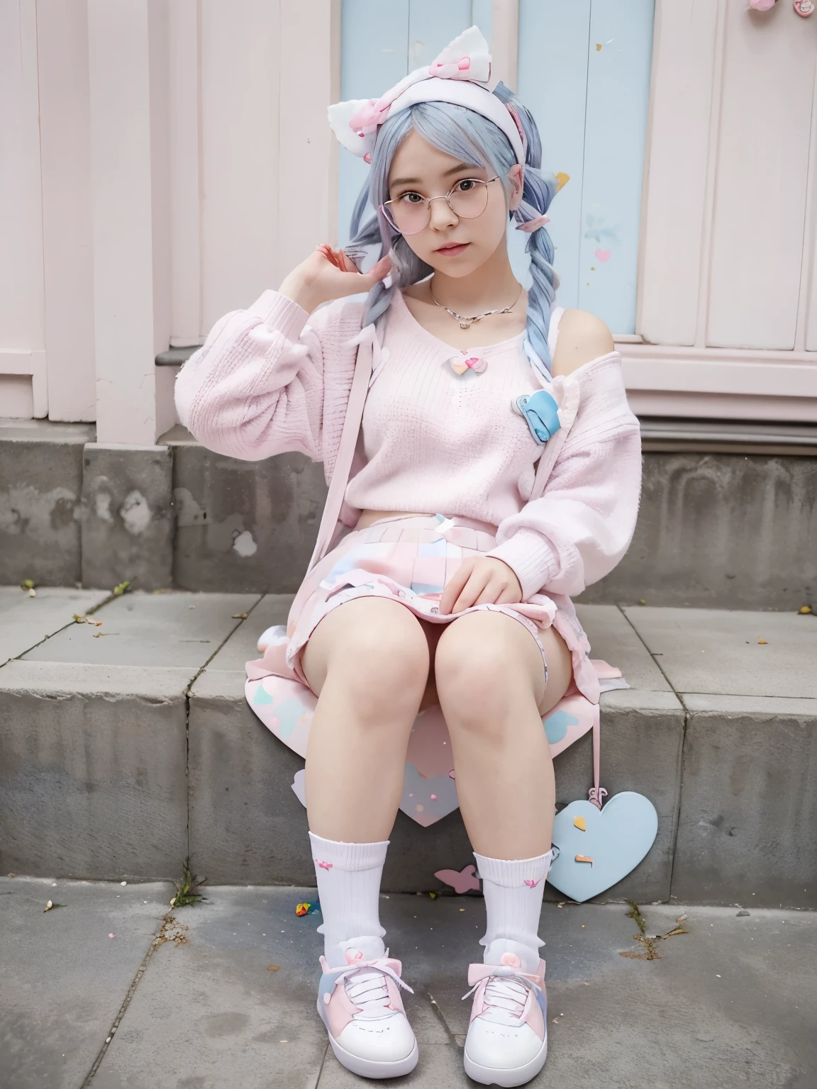 Blue-White Hair with Low Twintails with Blue Butterfly bow, pink eyes, girl , Oversized baby Pink Knitted Sweater with White Bow, Baby Pink plaid skirt with Bandage baby pink socks and with pink white shoes, pink beret with heart arrow ribbon, hello kitty white glasses with mini baby pink bow, Metal star necklace, mini toro backpack, eating rabbit cookies, high quality