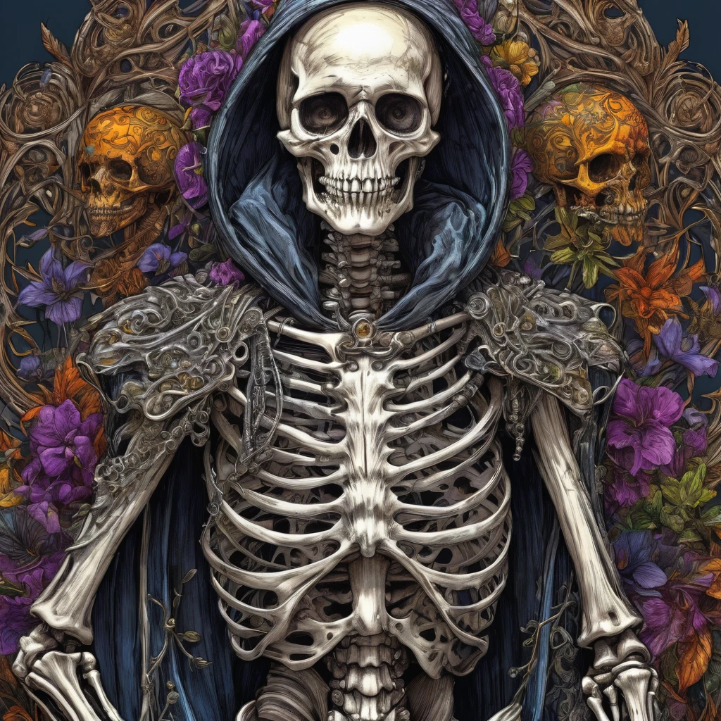 skeleton costume, a lot of strange details, amazing, ultra hd, realistic, vivid colors, highly detailed, UHD drawing, pen and ink, perfect composition, beautiful detailed intricate insanely detailed octane