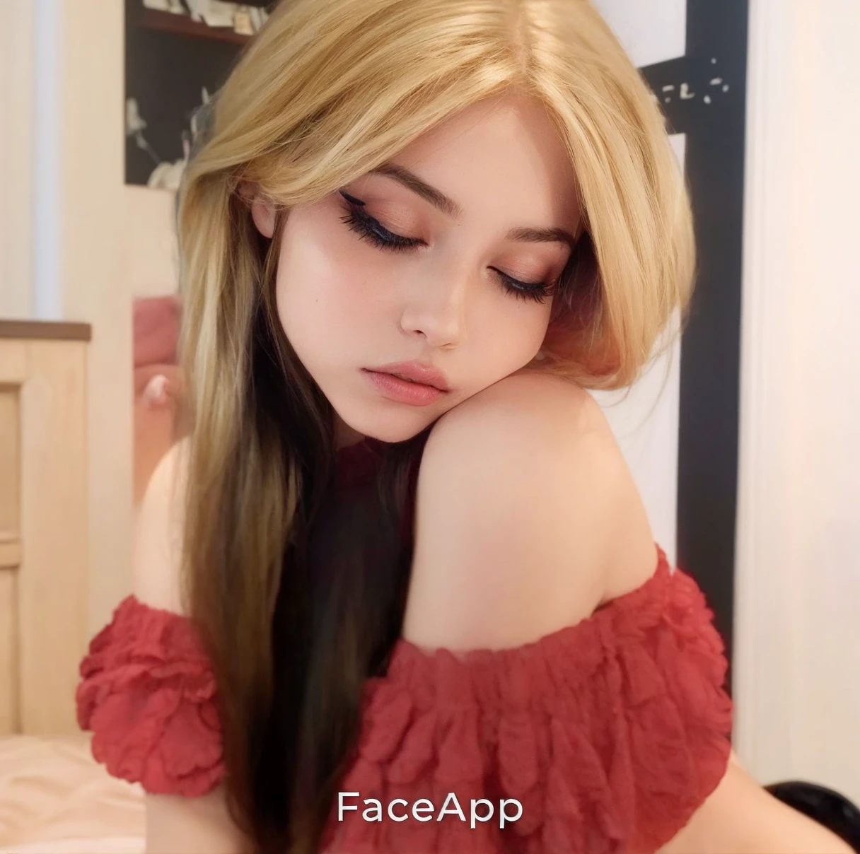 Mujer rubia con pelo largo sentada en la cama con la cabeza apoyada en la mano, cara sexy, cara sexy with full makeup, cara muy bonita, amoranto, alexa gracia, cara extremadamente hermosa, cara perfecta ), pelo largo y rubio y ojos grandes, Hermoso rostro estetico, young beautiful amoranto, belleza asombrosa, belleza asombrosa, el bebedor lo hace