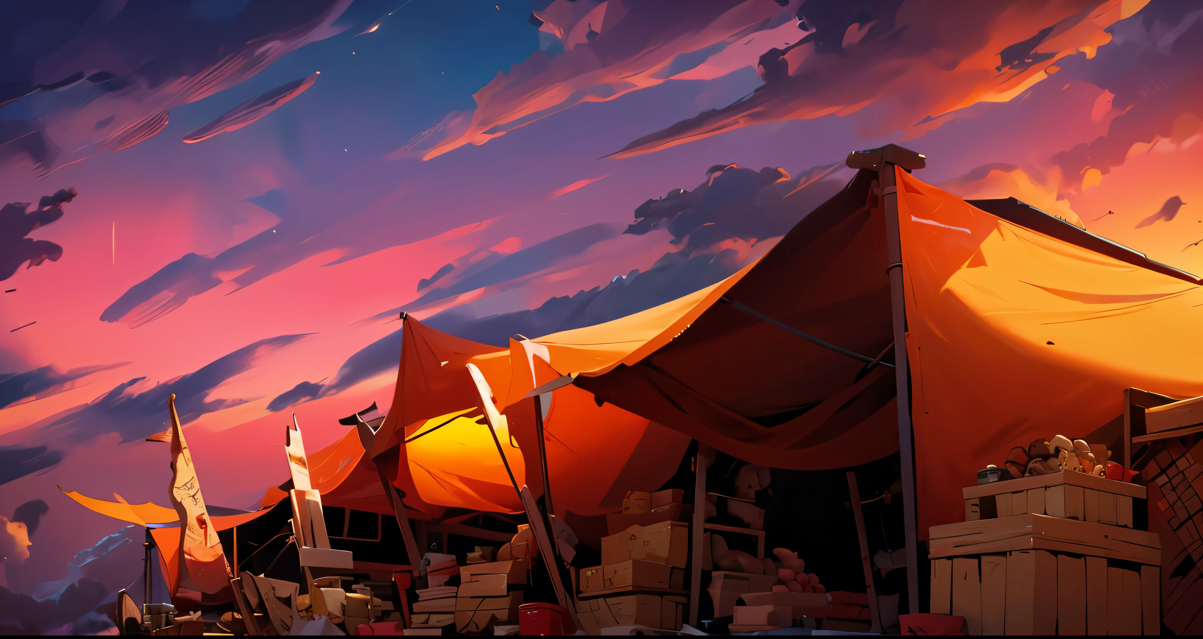 meat market, animal bone, animal skull, traditional market, market stalls, market tents, sand ground, clouds, cloudy daybreak sky, dawn sky, low angle picture