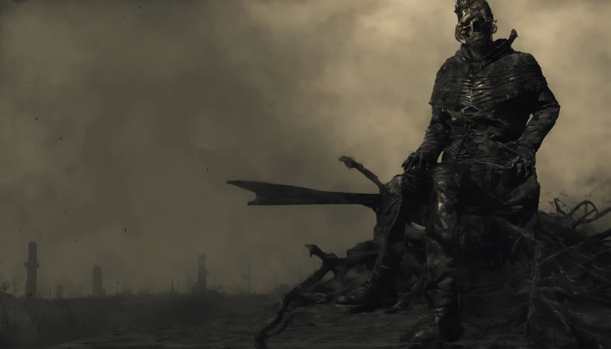 Zombie Soldier Boy Sitting With Gold Crown On His Head, y rodeado de lingotes de oro, in ventrue eve style, retrato de estilo occidental, primer plano intenso, niebla, traje detallado, deslumbrante academico, Armas y cuerpos de fallecidos tirados alrededor
