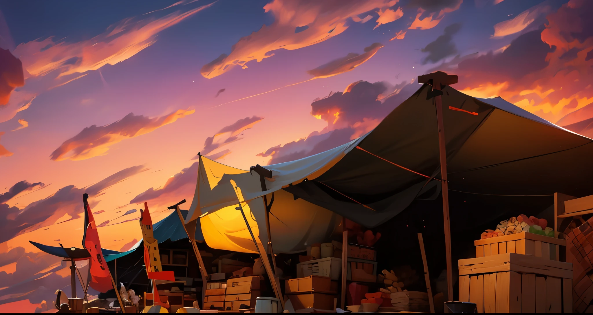 meat market, animal bone, animal skull, traditional market, market stalls, market tents, sand ground, clouds, cloudy daybreak sky, dawn sky, low angle picture