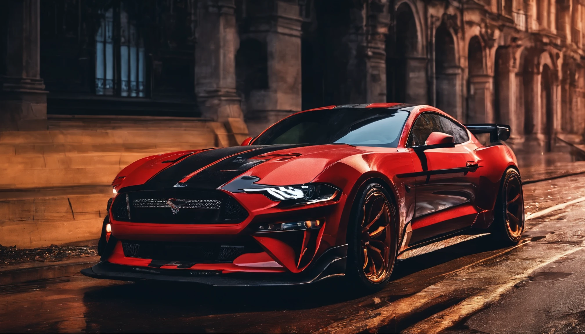 a close up of a fire sports car driving on a wet road, HQ 4K Phone Wallpaper, hq 4k обои, mustang, awesome wallpaper, HD wallpaper, desktop background, 4K wallpaper, 4K wallpaper, sports car, cinematic front zip, Wide body, HD wallpaper for phone, High-quality desktop wallpapers, sports car, wallpaper for mobile phone, sports car, high quality wallpaper