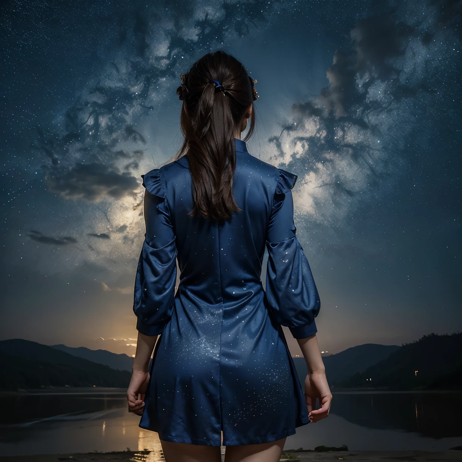 masterpiece, best quality, 1girl, solo, guizhong_genshin, default_dress, from behind, starry sky print, sleeves over wrists, barefoot
