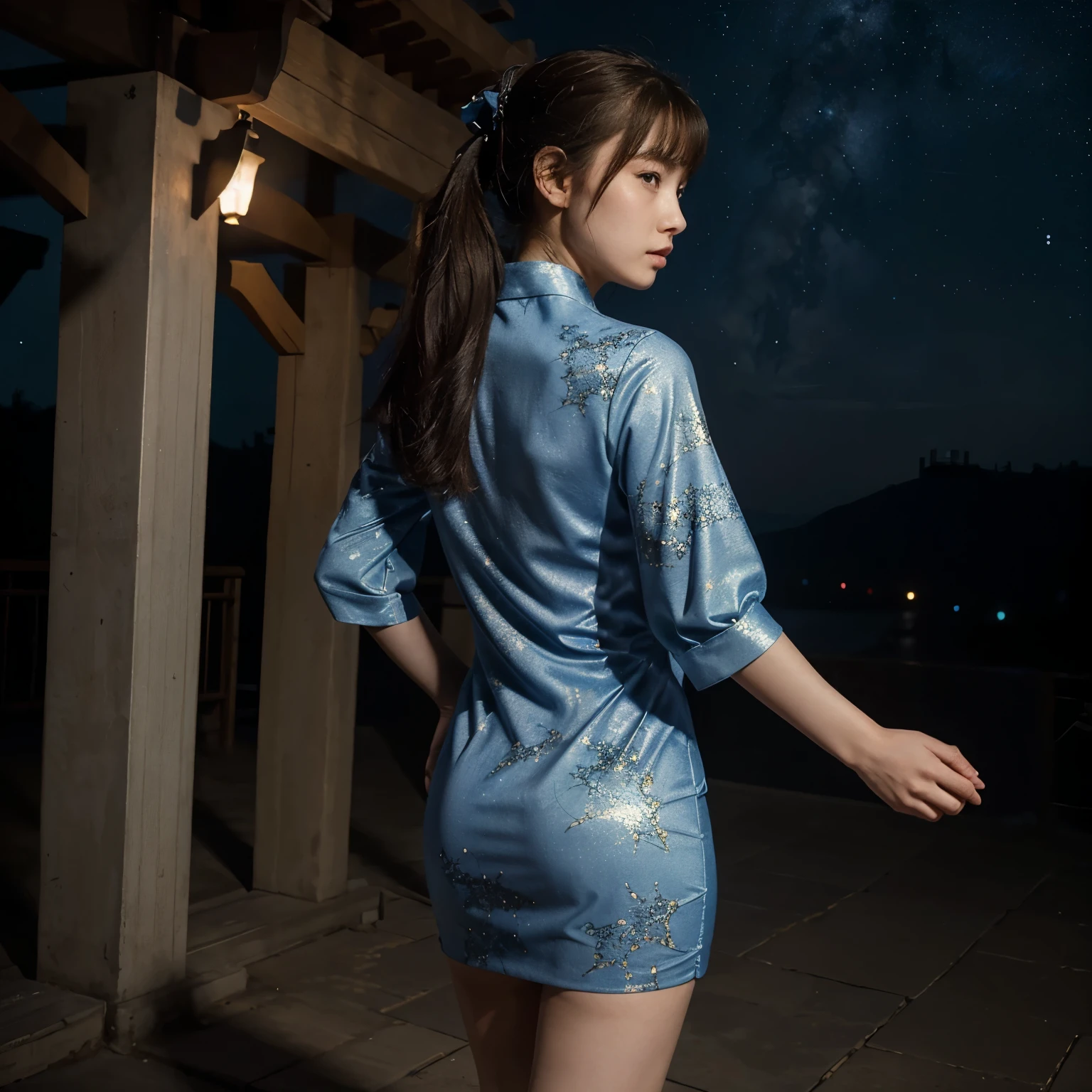 masterpiece, best quality, 1girl, solo, guizhong_genshin, default_dress, from behind, starry sky print, sleeves over wrists, barefoot 