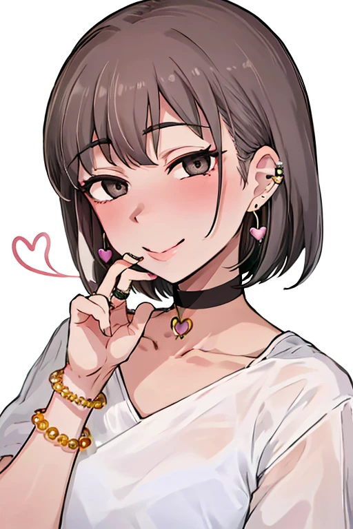 Piriyon, alone, One girl, 黒いnail, jewelry, short hair, View your viewers, choker, necklace, put your hand on your face, Earrings, White Background, heart, Mouth closed, Grey Eyes, Manicure, Simple Background, Grey Hair, ear Earrings, black choker, smile, eyelash, lips, Put your hand on your cheek, bangs, bracelet, beads, gem, Earrings, nail
