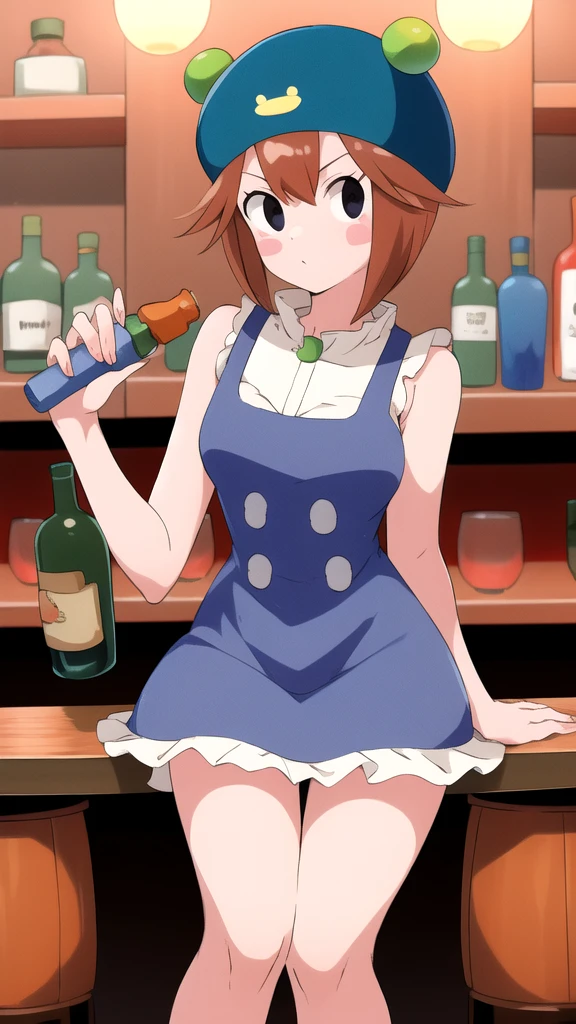 Ribitta_megaman, 1 girl, looking at viewer, sitting on a stool, leaning on a bottle of tequila in her hand, cowboy dress, cowboy hat