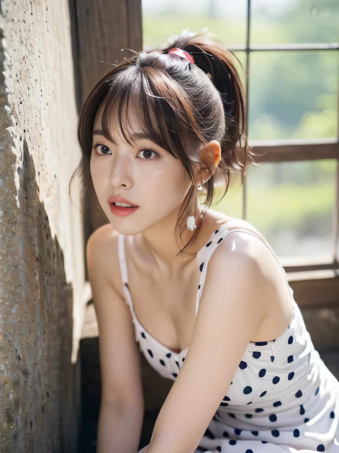 Age 25, 1 person, ((Beautiful female announcer, Cute mouth:1.2)),

((Feminine polka dot mini dress, I can see your beautiful thighs:1.5)),
((Gorgeous Earrings, Long Necklace:1.2)), 
((Pale pink walls, Near a tall window, The sunlight shines in, Bright room:1.2)), 
((Sit with your back against the wall in the room and stick your chest out., Spread your legs a little:1.5)),
(From the feet to the whole body, Pay attention to the beautiful thighs:1.5), 

((Boyfriend&#39;s big white bed&#39;Bedroom, Lying on a fluffy bed)), 
((Sexy vibe, Kissing Mouth, Poke out your lips, Cute and shy, Staring at the audience)),
((Ecstatic expression during sex, Sigh leaks out)),

((Squint your eyes)), 
((Pursing your lips:1.2)),
((Blushing:1.2)),
((open your mouth slightly to show your white teeth,, stick out your tongue a little)), 
((Body facing forward)), 

Realistic skin texture, Fair skin, Shiny skin, Beautiful skin on legs, Beautiful legs, 
Highly detailed face, Slim face contour, Beautiful small face, Beautiful Nose, 
Very fine eye, Long, narrow eyes, Brown eyes, double eyelid, Extremely fine eyebrows, thin, Long eyelashes, 
Ultra-detailed lips, Plump and moisturized lips, Glossy pink lips, Blushed, 
Beautiful actress&#39;Dull makeup, Pink lipstick, smokey eye shadow, Eye Foundation, 
Dark brown hair, Delicate and soft hair, Hair blowing in the wind, 
(Elegantly putting your hair up, Medium Short Hair, ponytail:1.2), 
Layered Cut, (Blunt bangs:1.2), 

