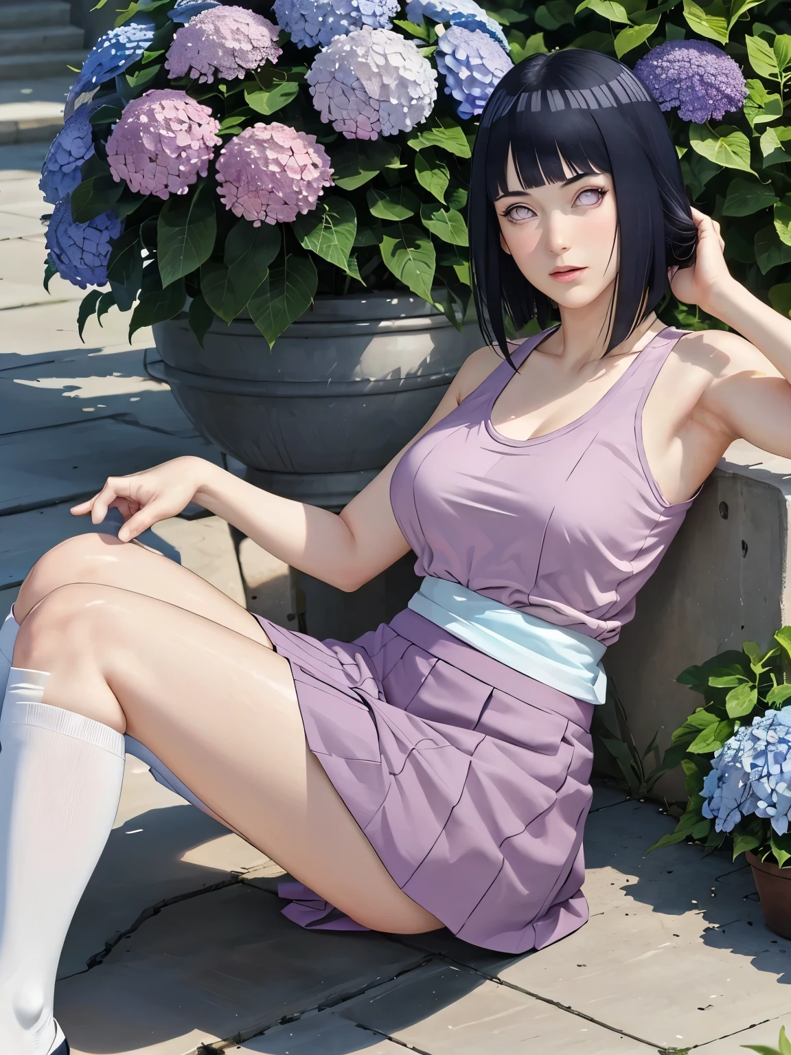 Armpit Show,masterpiece, Confused, Hinata\(bolt\), 1 girl, alone,Mature Woman, Tank top, High waist short skirt, Looking at the audience, (Hydrangea is blooming), Perfect composition, Familiar lips, Big Breasts, Beautiful Face, Body proportions, blush, (Pink Lips), Long Hair, Purple eyes, A gentle gaze, Surreal, Familiar, photo shoot, Realistic face and body, Knee socks