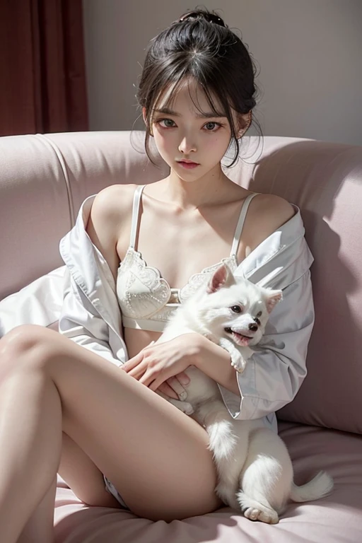 The woman is sitting on the sofa、A small white Pomeranian crawls on his lap。,She is about s old, White skin, Delicate facial features、underwear