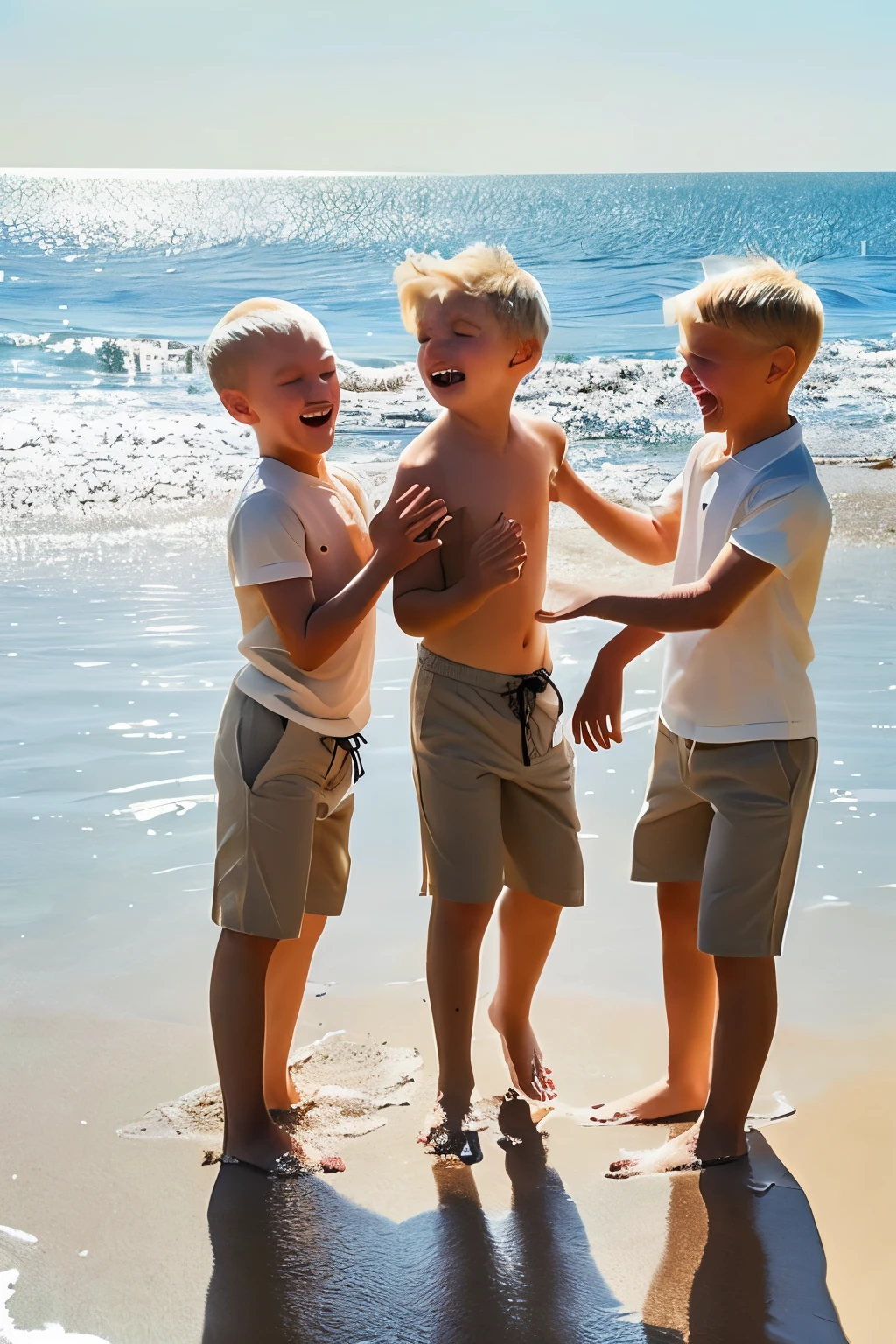 Three , blond boys gleefully engage in building sandcastles at the beach, their shorts leaving their tanned legs exposed. Sand sticks in hand, they focus intently on their creation, the sun casting golden reflections on their shiny heads. The boys' laughter fills the air as they pile sand and water, their determination unwavering, their faces radiating pure joy. The sea waves lawlessly crashing against the shore serve as a gentle background rhythm to their playful endeavor.