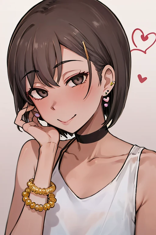 Piriyon, alone, One girl, 黒いnail, jewelry, short hair,Inner Color,  View your viewers, choker, necklace, put your hand on your face, Earrings, White Background, heart, Mouth closed, Grey Eyes, Manicure, Simple Background, Grey Hair, ear Earrings, black choker, smile, eyelash, lips, Put your hand on your cheek, bangs, bracelet, beads, gem, Earrings, nail