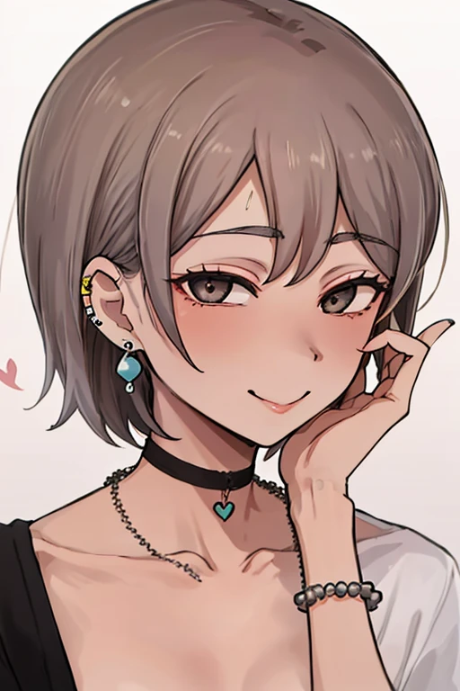 Piriyon, alone, One girl, 黒いnail, jewelry, short hair,Inner Color,  View your viewers, choker, necklace, put your hand on your face, Earrings, White Background, heart, Mouth closed, Grey Eyes, Manicure, Simple Background, Grey Hair, ear Earrings, black choker, smile, eyelash, lips, Put your hand on your cheek, bangs, bracelet, beads, gem, Earrings, nail