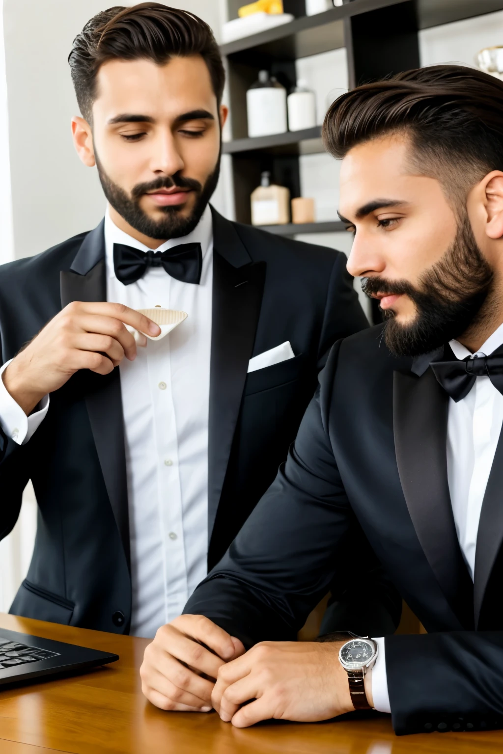 2 homens negociando, elegante ,um pouco distante,barba, Empresa grande