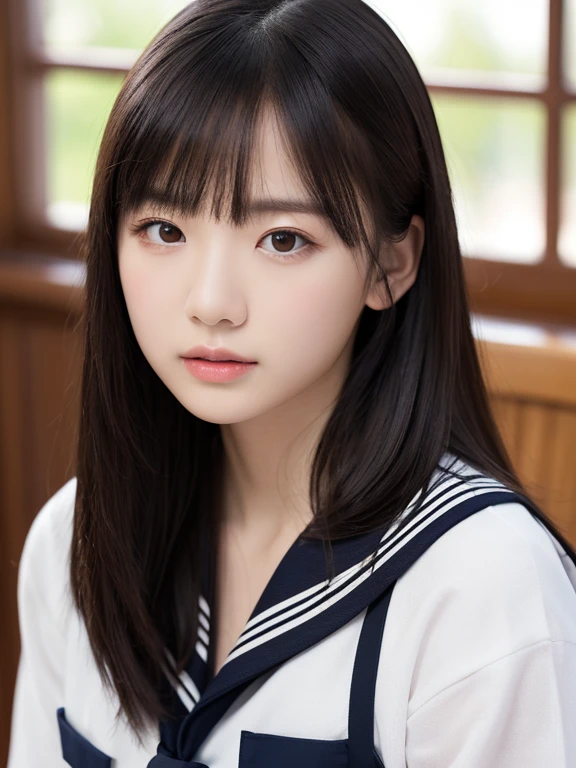 (Professional portrait、Professional Writing)、highest quality, (Anatomically correct arms:1.3), Detailed workmanship、High resolution、(8k, High resolution:1.2)、(RAW Photos, Realistic:1.3)、masterpiece、Slim figure、High resolutionの顔、The face is in focus、High resolutionの目、(Concentrated, Symmetrical pupils:1.2)、High quality and beautiful skin、Firm Skin、Natural Makeup、Gloss lips, High-definition hair texture、 Japanese 、17 years old、classroom、(Sailor suit:1.3), (Sleep on your back:1.3), (Hold your chest tightly with both arms:1.3), very cute, (Very embarrassed:1.2), (blush:1.1), (I am afraid:1.3), (Glaring at the camera:1.3)、(Shooting from the sky:1.2), Open your mouth:1.1, Cleavage