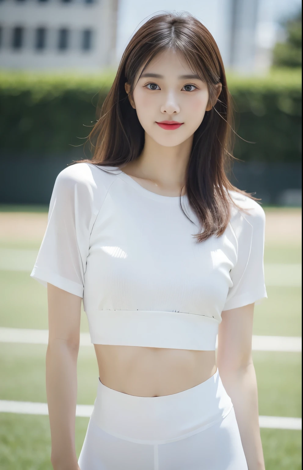 (Ultra Realistic), (ultra High Resolution), (8K), (Very Detailed), (Best Quality), (Ultra Detailed), (Masterpiece), (Wallpaper),Photo, Realistic, (photorealistic: 1.0), raw photo, deep masterpiece,
Live Action - (Realistic lighting, Top Quality, 8K, Masterpiece: 1.3)), Clear Focus: 1.2, (Outdoor, Night: 1.1), sharp focus, cinematic lighting,
Canon EOS R5, 50mm,
beautiful south korean woman, beautiful young korean woman, korean women's fashion model, ulzzang,
Whitened skin, Fine eyes,smiling, Ultra Fine Makeup,detailed brown hair, long hair,
flat chest,
(skinny and fit body:1.3), thigh gap, realistic glistening skin, slim waist,
High quality work, (white color sports tops, white color sports leggings:1.4), whole body
Full Leg : 1.2, Playground background,
Lookout, Detailed,
absurdres, no nipple,
Solo, Woman, 1 Girl,