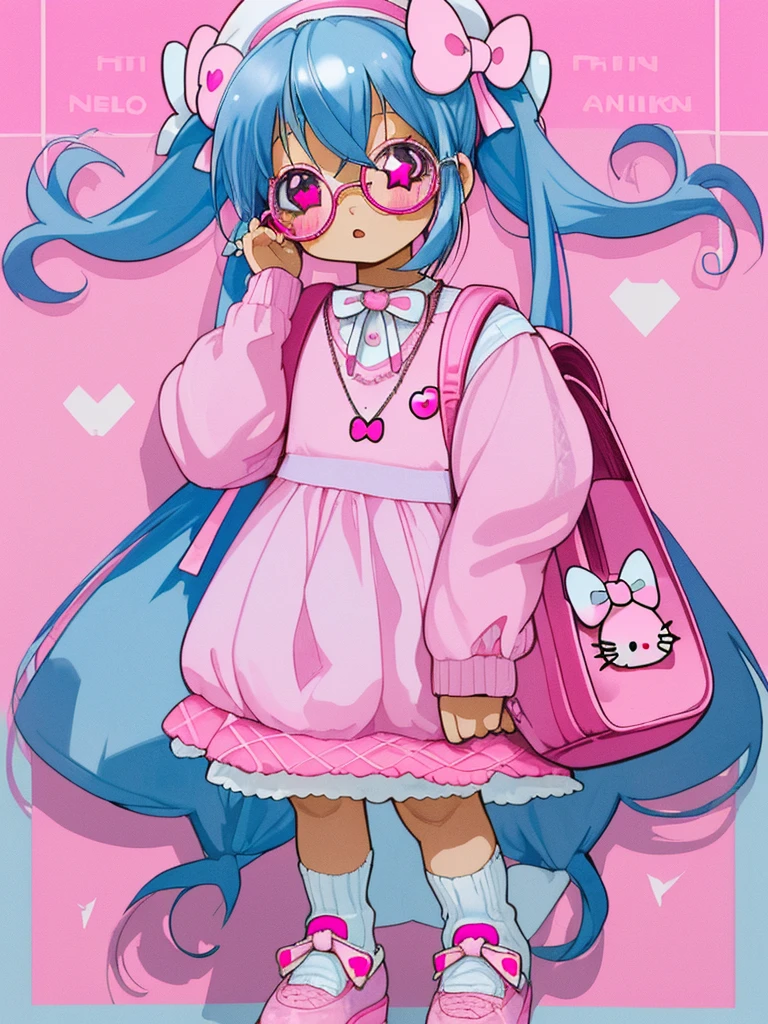 Blue Hair with Low Twintails, pink eyes, girl, Oversized baby Pink Knitted Sweater with White Bow, Baby Pink plaid skirt with Bandage baby pink socks and with pink white shoes, pink beret with heart arrow ribbon, hello kitty white glasses with mini baby pink bow, Metal star necklace, mini toro backpack, high quality
