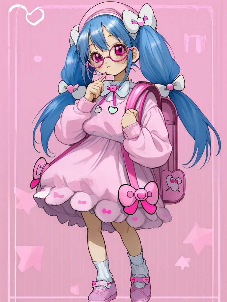 Blue Hair with Low Twintails, pink eyes, girl, Oversized baby Pink Knitted Sweater with White Bow, Baby Pink plaid skirt with Bandage baby pink socks and with pink white shoes, pink beret with heart arrow ribbon, hello kitty white glasses with mini baby pink bow, Metal star necklace, mini toro backpack, high quality