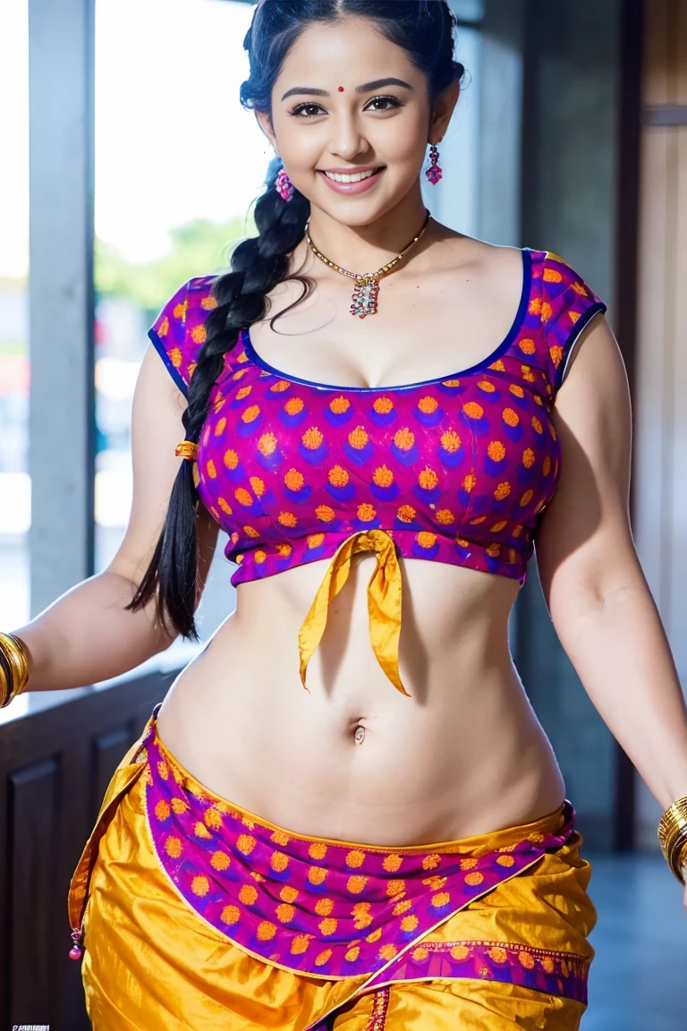 HD wallpaper 32k cinematic shoot of a Beautiful cute girl, with thick thighs and a curvy waist, twin braids,  wearing an Indian blouse top, horny, seductively, in a school corridor, dotted blouse top, smiling, ((long curvy waist)), ((lowwaist)), ((curvy waist))