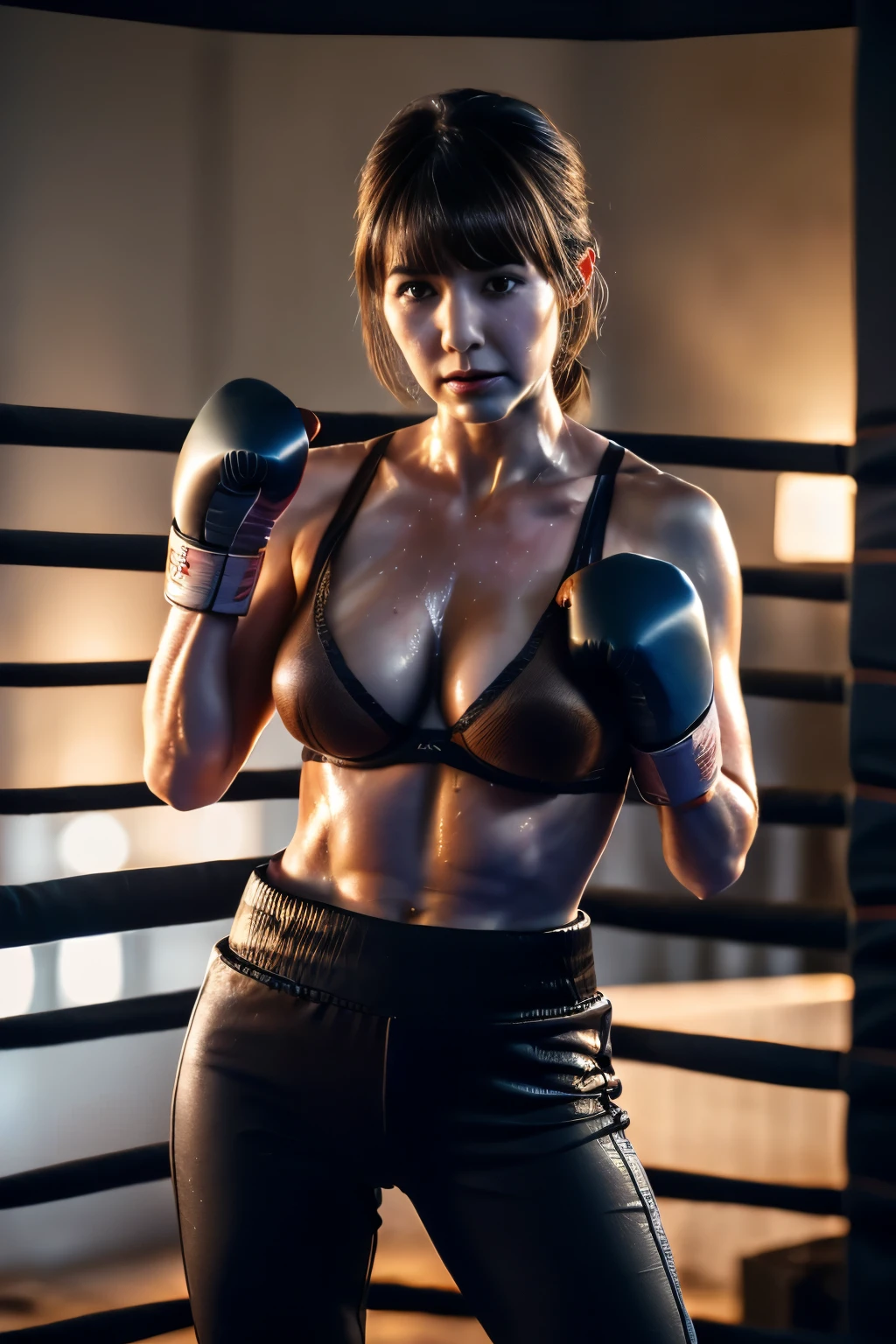 PICTURE REALISTIC, 1 female MMA fighter, wearing fighting clothes, fully muscular body, sweaty body, in attack position,  breasts big, big-ass, in a fighting ring looking at the spectator with a serious look 