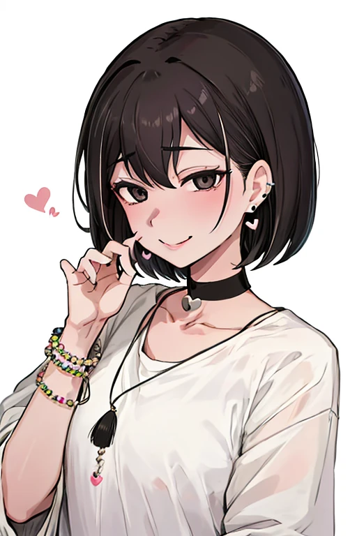 Piriyon, alone, One girl, 黒いnail, jewelry, short hair, View your viewers, choker, necklace, put your hand on your face, Earrings, White Background, heart, Mouth closed, Grey Eyes, Manicure, Simple Background, Grey Hair, ear Earrings, black choker, smile, eyelash, lips, Put your hand on your cheek, bangs, bracelet, beads, gem, Earrings, nail