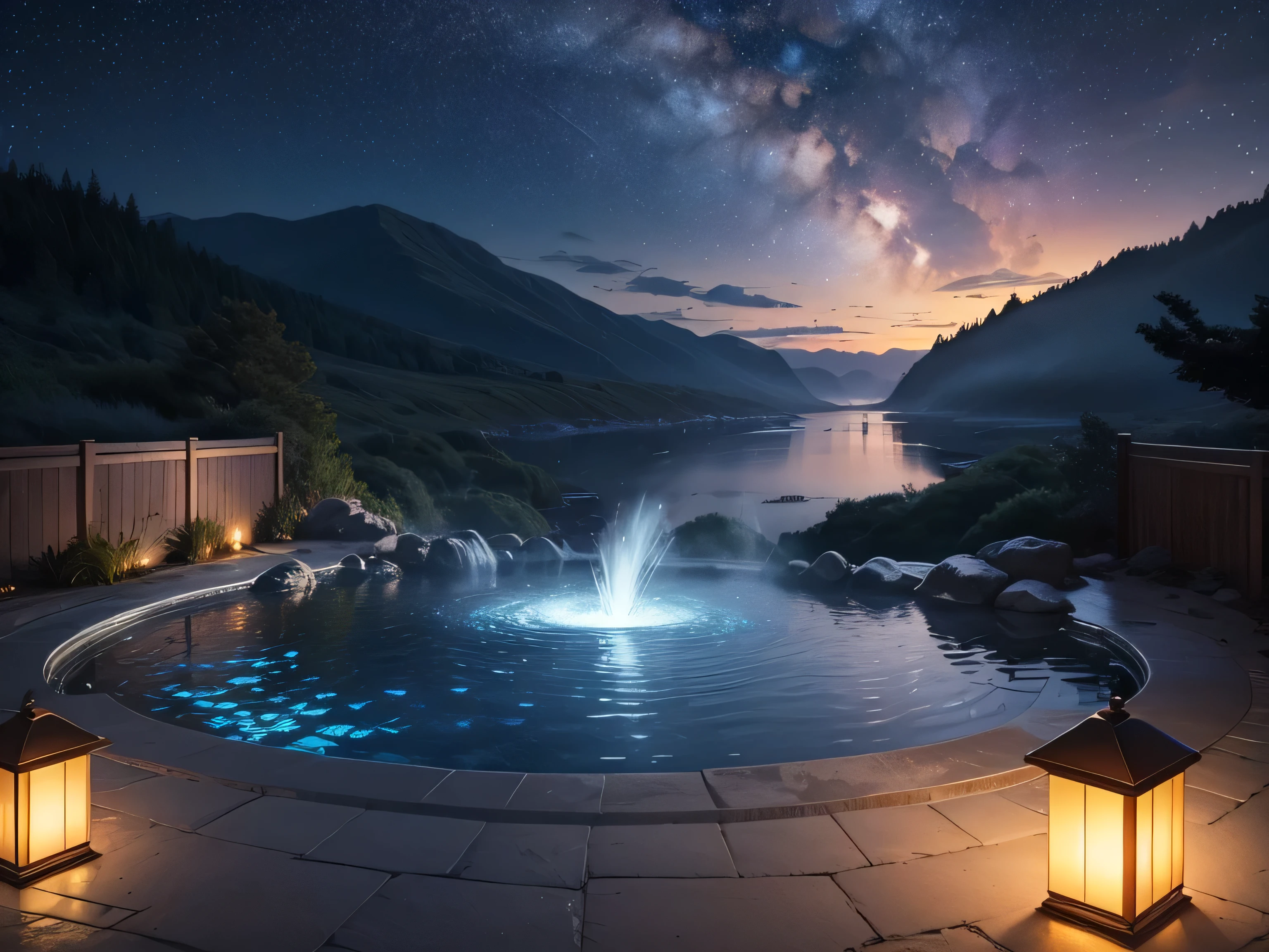 A landscape photo of an open-air bath facing the vast ocean with a view of the sea, (The hot spring water flows directly from the source.。Starry sky, crescent moon, Milky Way and a few clouds。), (nebula: 1.3), (Warm light source: 1.2), Intricate details, Volumetric lighting,(highest quality), 4K, Very detailed, (Moving configuration: 1.4), Very detailedでカラフル, (Shining Light, Atmospheric lighting), dream-like, magic