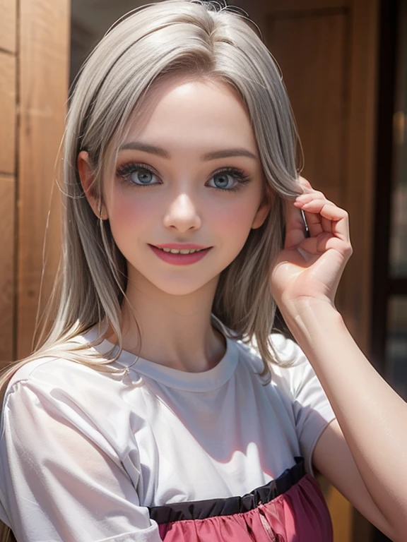 (best quality, 8k, photorealistic:1.5), (solo, one girl:1.5),(shine a bright light on women),(ultimate beautiful girl),(shiny skin),(oily skin),(Silver Ash Hair:1.3),(long hair:1.3),(cool beauty:1.5),(Blush brown makeup),(use pink glossy lipstick),(big beady eyes girl:1.5),(droopy eyes girl:1.5),(Big Eyes),(healthy body),(sweet smelling girl),(virgin girl),chuuChloe,(impressive eyes),(clean girl),(cute),(relaxing time),(compassion),(impurity),(love filled),(No love experience),(ager:1.2),(Lovely),(university student:1.5),(smile:1.5),(gentleness),(Sociable),(good at looking after),(positive),(goodness),(sensible)