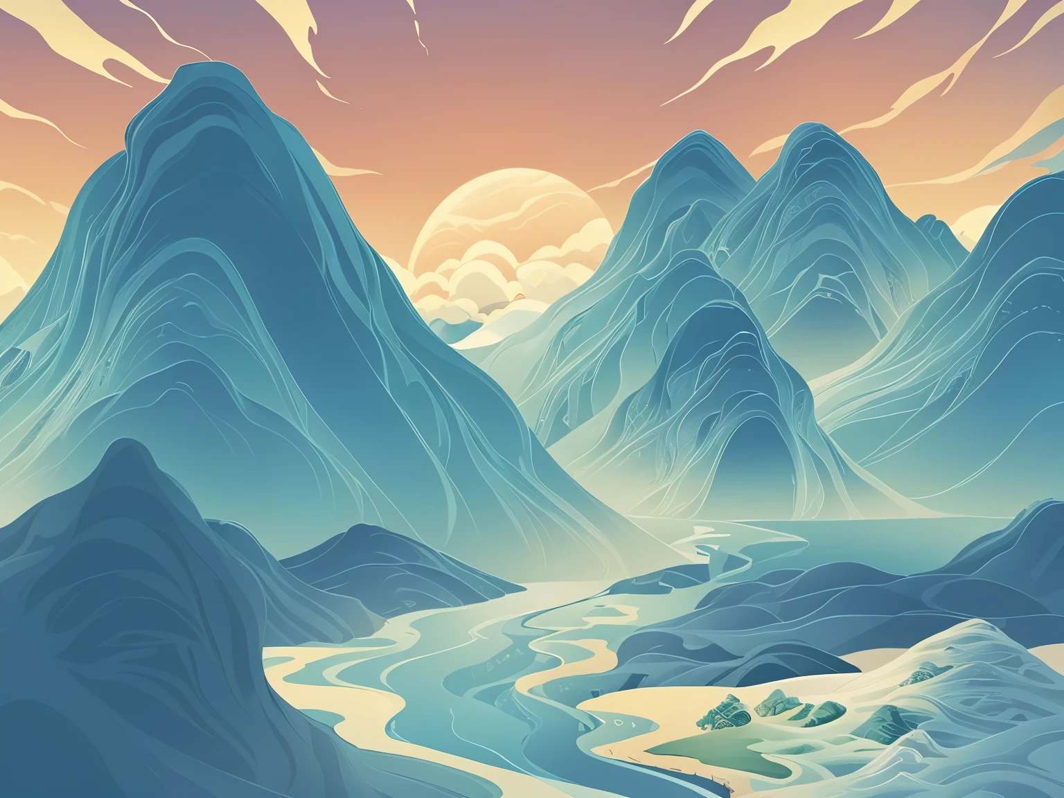 there is a picture of a mountain scene with a sunset, flat 2 d vector art, muted flat surreal design, surreal flat colors, flat surreal design, sunset illustration, 2 d digital vector art, modern - art - vector, 2d digital vector art, landscape of geometric shapes, luminist polar landscape, flat vector art, vector art style, Planet's Voice