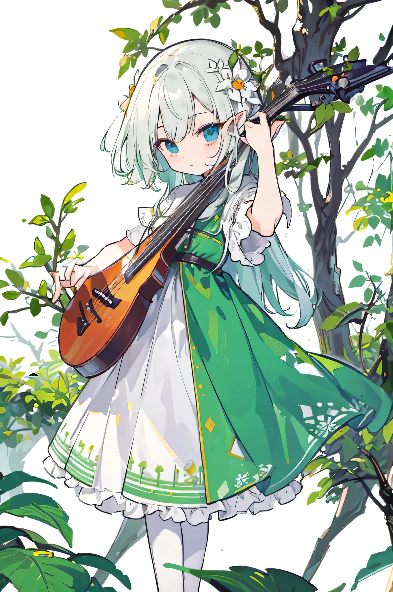 ((masterpiece)),(((best quality))),Illustration simple background,White background,forest,Elf,Play a musical instrument
