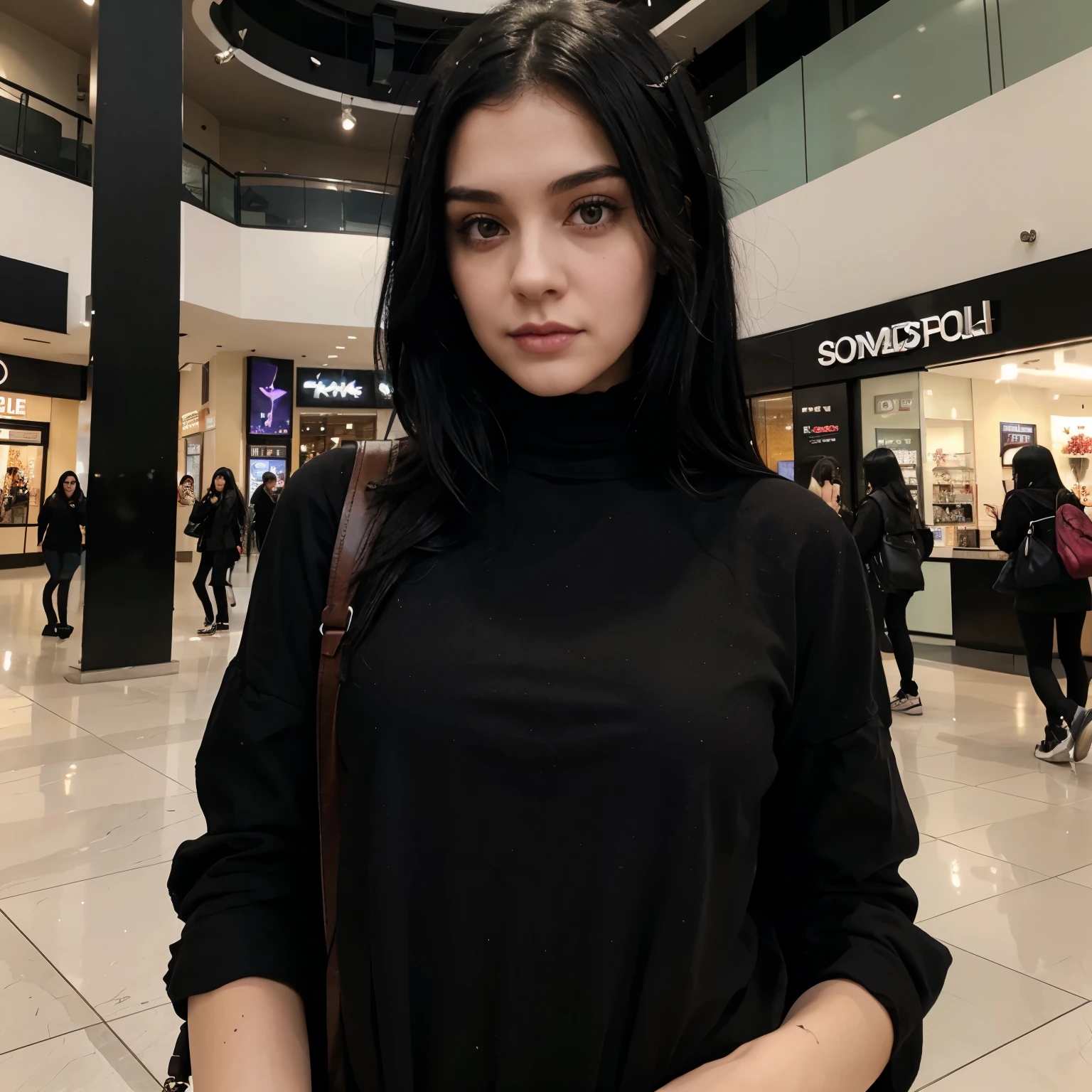 Romantic goth girl with straight black hair at the mall