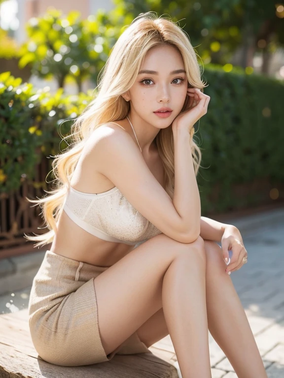 pose of 25 yo woman, blonde hair, slim latinas sweetheart), (freckles:0.9), (full lips) close, (yelloreen) eyes, POV, realistic[:, (film grain, 25mm, f/1.2, dof, bokeh, beautiful symmetrical face, perfect sparkling eyes, well defined pupils, high contrast eyes, ultra detailed skin, skin pores, vellus hair, fabric stitching, fabric texture, wood grain, stone texture, finely detailed features:1.2 , waist up pose , upper knees pose