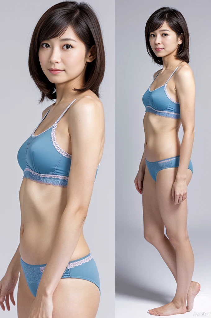 (Highly realistic photos, High resolution, Detailed face, whole body,Clear eyes, Different angles) Japanese women, 40 years old, Cute face, Thin body type, Very small waist, Mr.々Hair style, Only underwear, Standing in different places