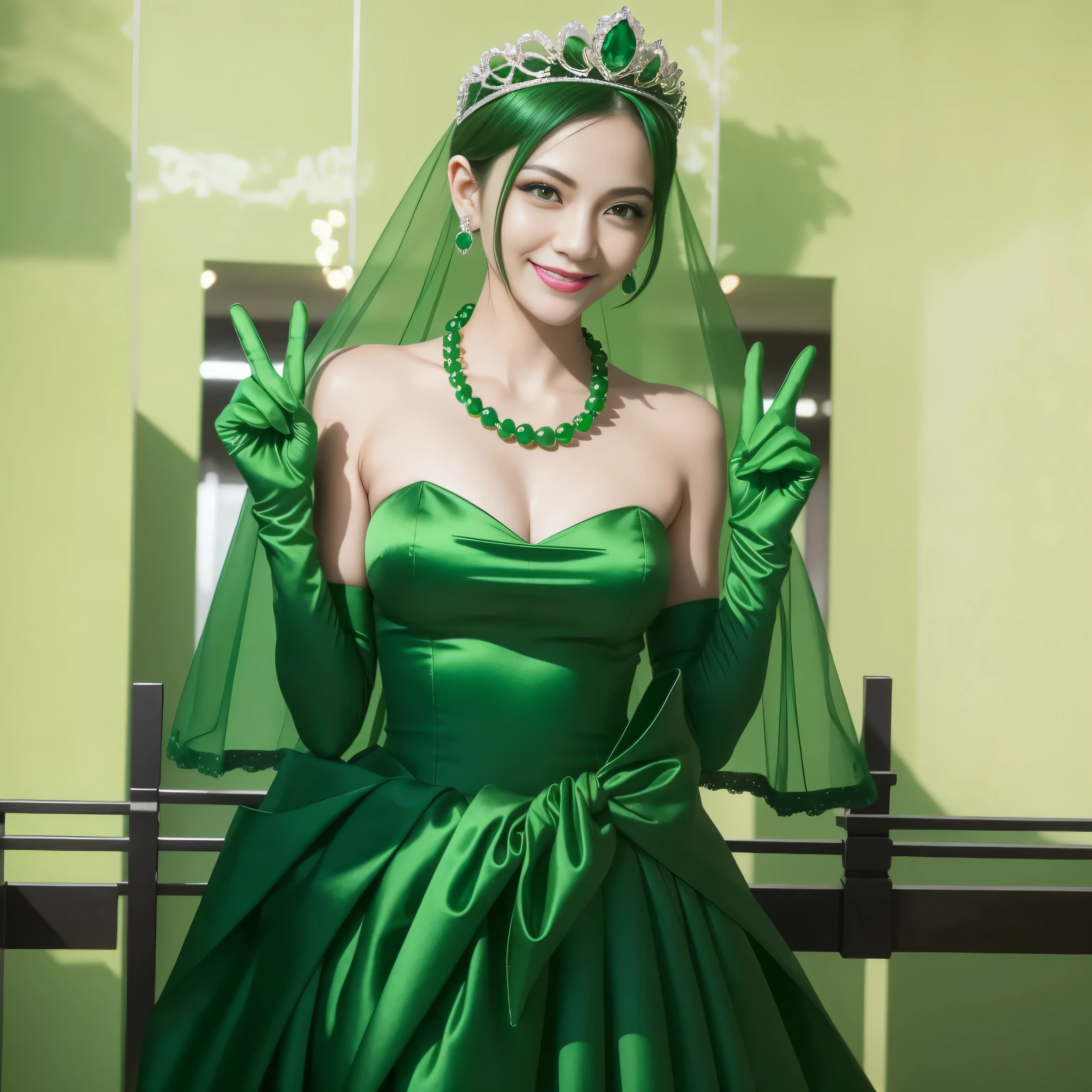 Emerald tiara, Green Pearl Necklace, Boyish very short green hair, lipstick, Smiling Japanese woman, Very short hair, Big tits beautiful, Green Eyes, Long green satin gloves, Green Eyes, v sign, Emerald Earrings, Green Veil