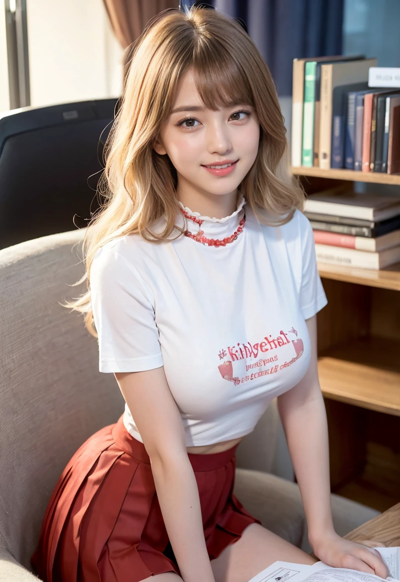 (((neat woman,Bright-eyed excitement,kind big smile,blush,blush,red cheek,please touch me,tempting viewer,i want you))),(all fours,all fours,hip higher,her fingers touch the chest),((((blush,red cheek)))),(cinematic lighting), (Photo real:1.4)、(A hyper-realistic:1.4)、(Photorealistic:1.3)、 (gentle lighting: 1.05)、(Improve the lighting quality of your video:0.9)、 32k、25years old woman、photorealistic lighting、Back lighting、Facial Lights、Ray Trace、(bright:1.2)、(Increase quality:1.4)、 (best quality real texture skin)、Fair eyes,delicate face、 Close-up of the face,  ((Wearing the printed high-neck t-shirt,(no printed pleated skirt),high-heel),(Bodyline mood improvement:1.1)、Glossy skin、Korean Idol、Nogizaka Idol、good figure,perfect anatomy,Beautiful actress,(((beautiful huge breasts,slender waist,slender hip,long slender legs,8heads tall))),(((8heads tall))),(((blonde wavy hair,curtain bangs))),(((in the beautiful modern office of library,super clean night view,in the night))),
