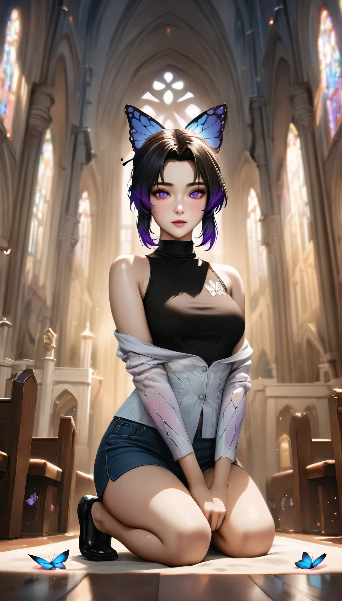 animetoreal,soft light, masterpiece, best quality,high quality,delicate face, realistic,1girl,full body, kneeling,Kochou Shinobu, Decorate your hair with a butterfly, violet eyes, multi-colored hair, Short hair, Parted bangs, Short shorts, skirt, turtleneck top,church,cathedral