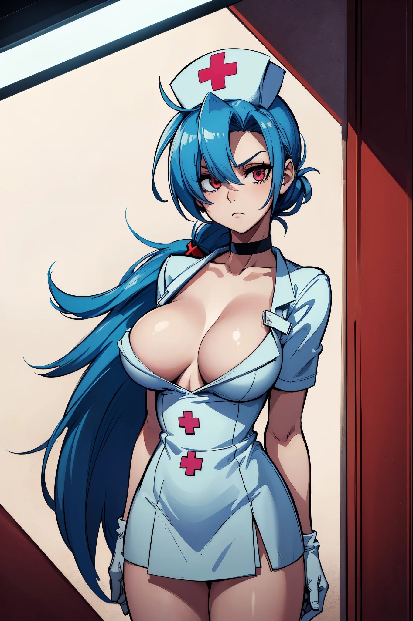 (masterpiece, best quality:1.2), expressive eyes, perfect face, highres, 1girl, solo, vskull, hair over one eye, light blue hair, nurse cap, nurse, large breasts, cleavage, white gloves, choker, red cross, bandages, white footwear, outdoors, frown, standing, upper body, looking at the viewer