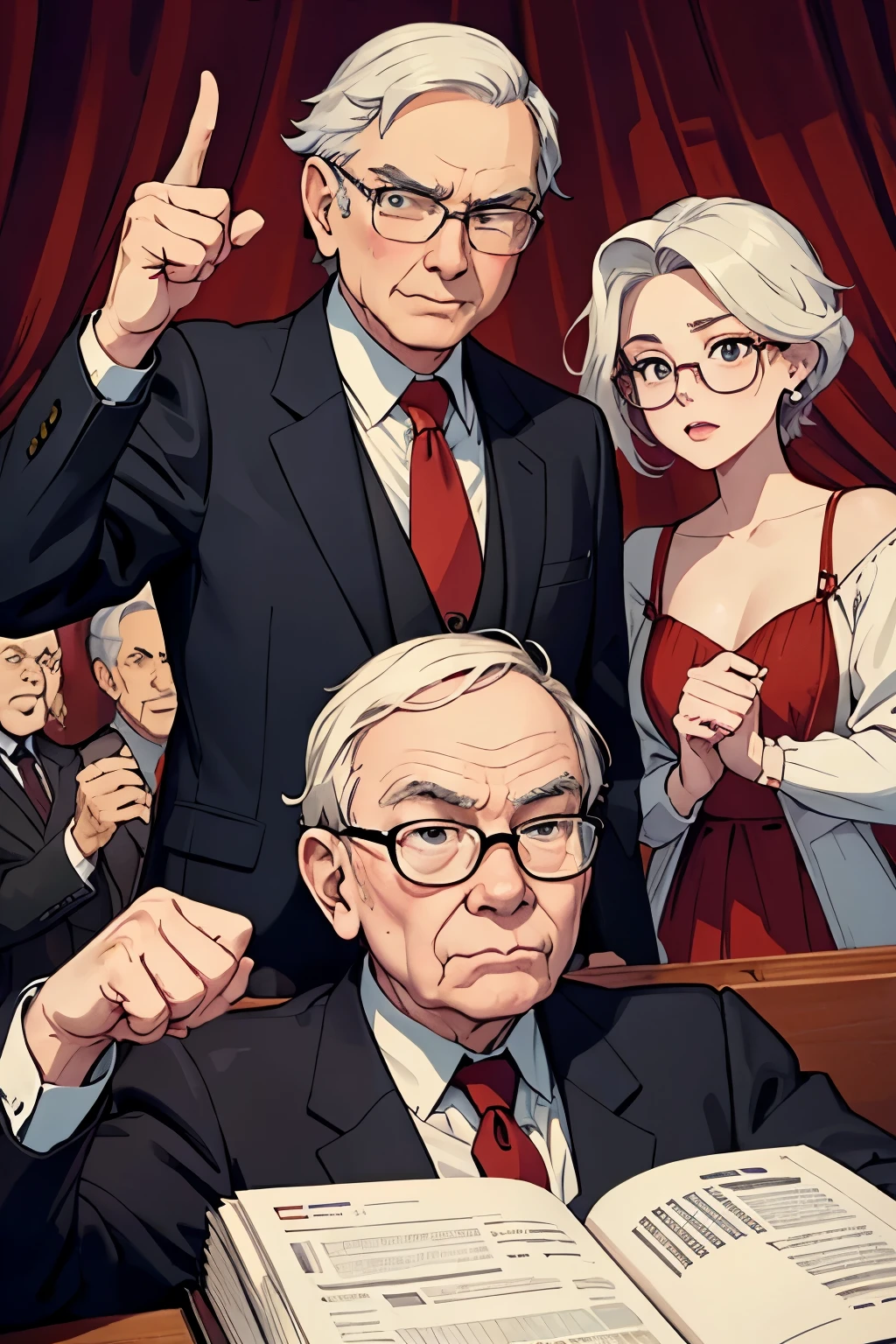 Warren Buffett, an older man with white hair and glasses, dressed in an elegant dark suit and red tie. looking to the side pointing at something with a surprised face (animated)}