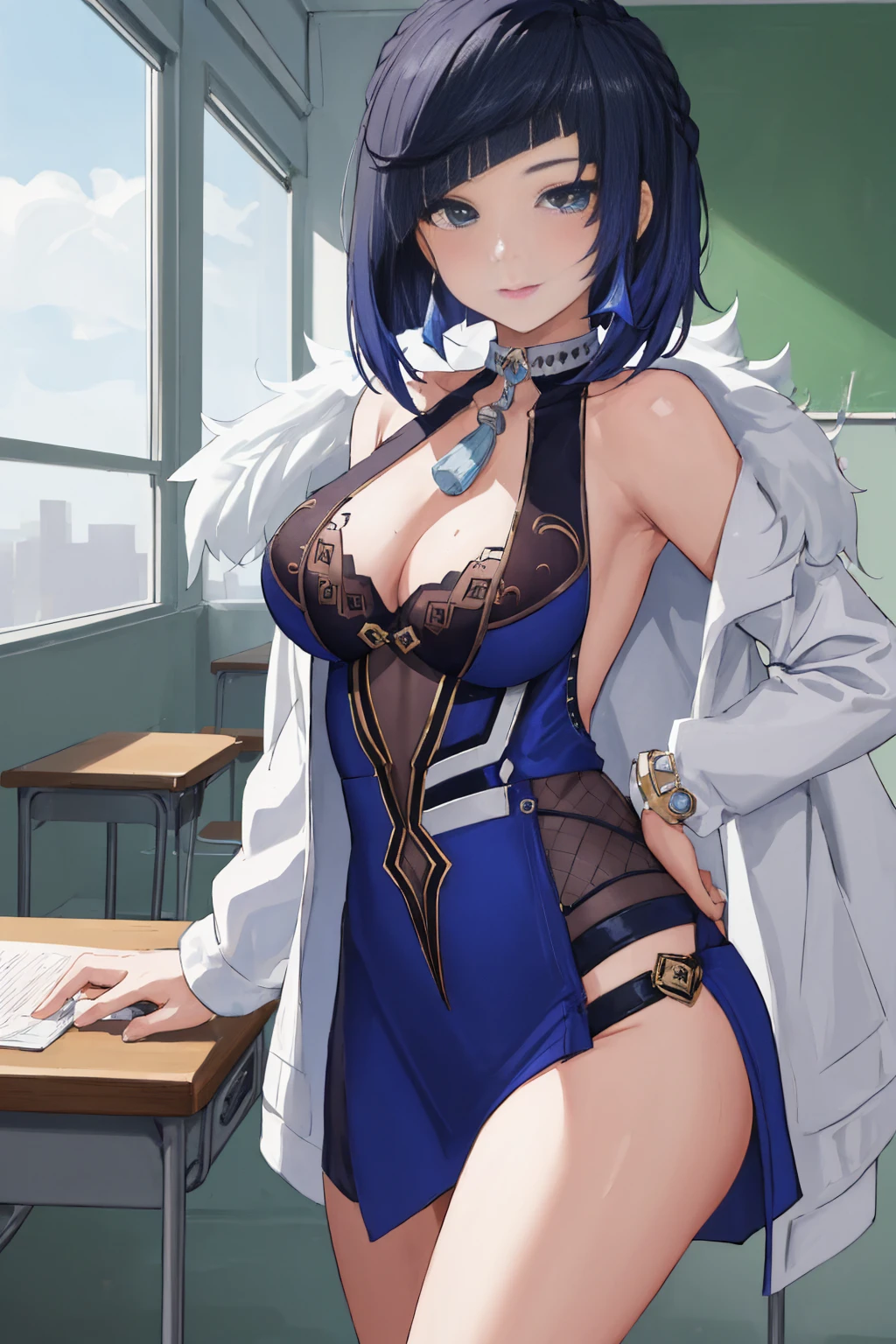 (masterpiece),(best quality), 1 girl, yelan, in classroom, close up, pleasure expression