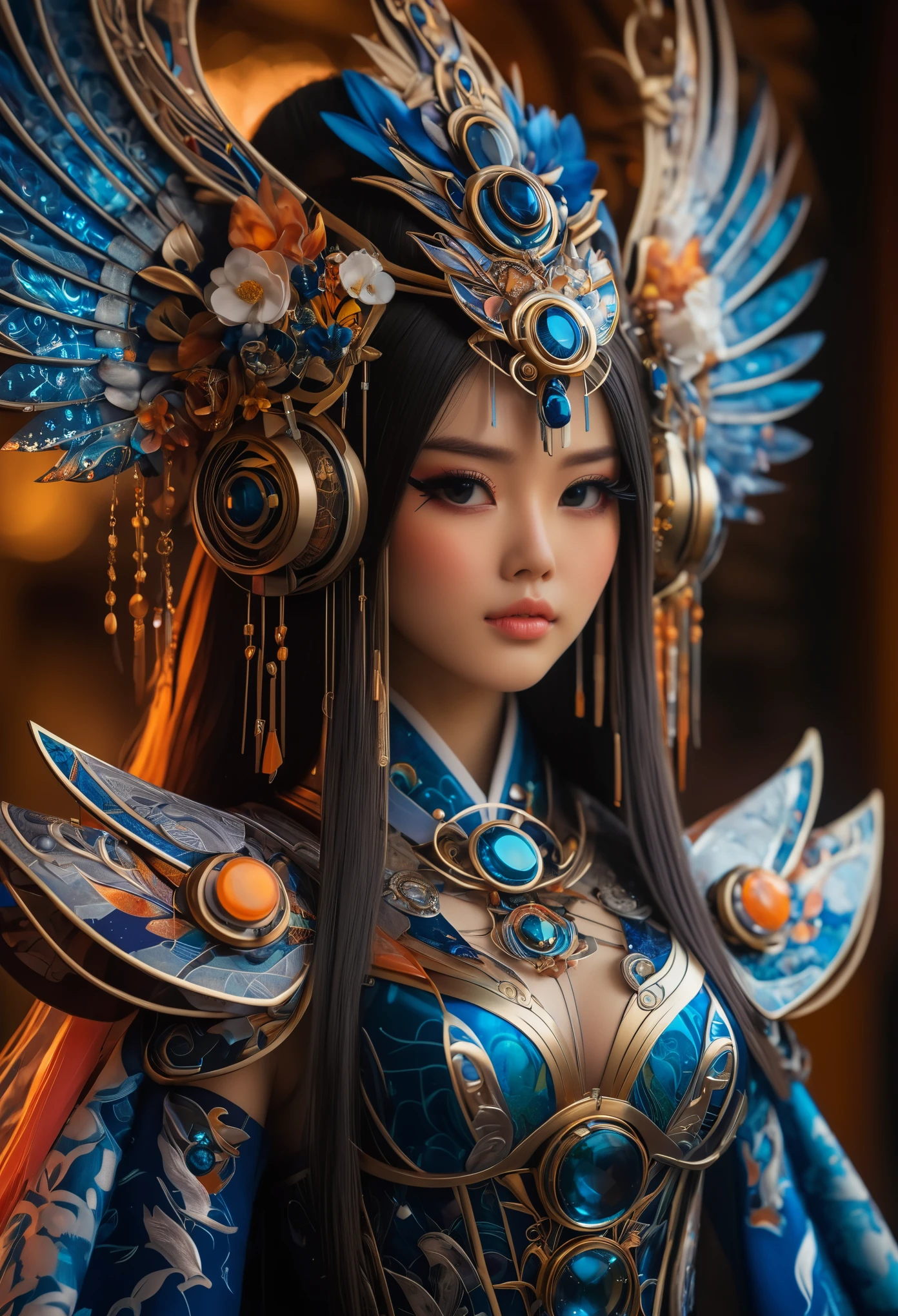 Stunning hyper-realistic Japanese girl, by Ash Thorp and Marta Nael, anime, manga, character, upper body only, wearing elaborate fantasy clothes inspired by Indonesian culture, futuristic and modern twist, vibrant colors, soft focus, warm lighting, Sony A7R IV, ƒ 1.8, 50 mm, 8k, high-quality print, delicate features, intricate details, dynamic pose, fusion of traditional and futuristic elements, ornate accessories, exotic patterns, Batik-inspired design, traditional Indonesian headdress, intricate jewelry.